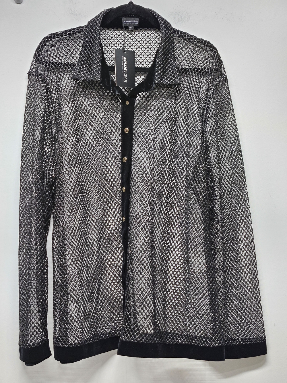XPlusWear Metallic Fishnet Sheer Button Up Top Plus Size 3XL Black Clubwear Edgy